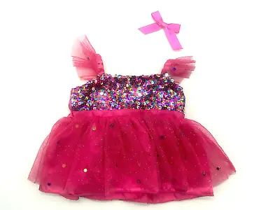 $8.99 • Buy Build A Bear Pink Sequin Tulle Satin Ruffle Sleeve Party Dress Teddy Clothes Bow