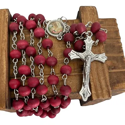 Vintage Rosary Red Beads Cross Lourdes Rose Prayer Mediation Comfort 5 Decade • £12.99