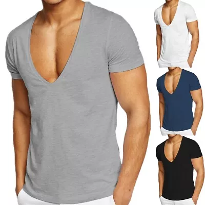 Mens Short Sleeve T-shirt Deep V Neck Sports Gym Muscle Bodybuilding Tee Tops • $12.87