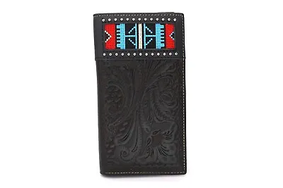 Western Bifold Wallet Black Checbook Genuine Leather Fabric Embroidery Studs • $35.99