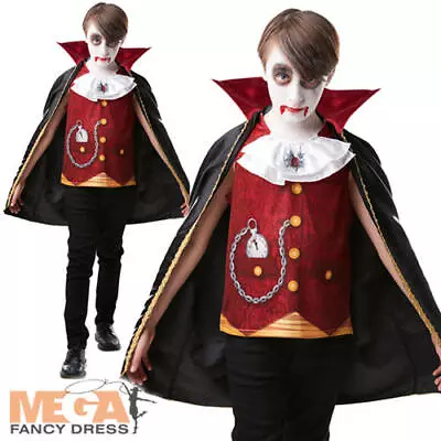 Vampire Boys Fancy Dress Count Dracula Halloween Horror Kids Costume Outfit Top • £10.49