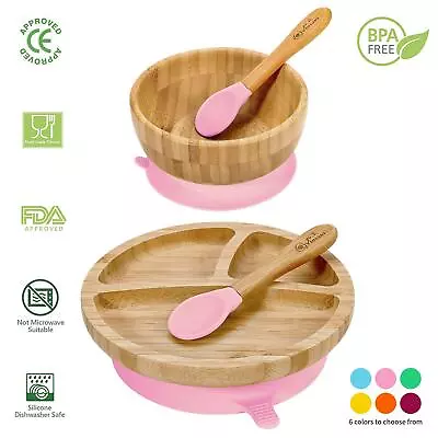 Vinsani Bamboo Bowl Round Plate And Spoon Set Suction Plate Stay-Put • £14.99