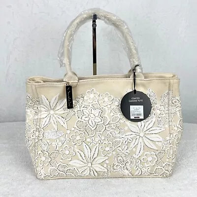 Oscar De La Renta Womens Handbag Purse NWT Coated Canvas Tote Beige Cream Floral • $19.95