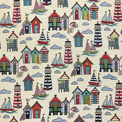 £6.30 • Buy Tapestry Fabric Marine Beach Huts Upholstery Furnishings Curtains 140cm Wide