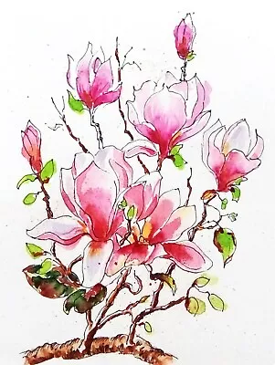 Watercolor Painting Magnolia Painting Original Bright Pink Art Cute Magnolia • $22