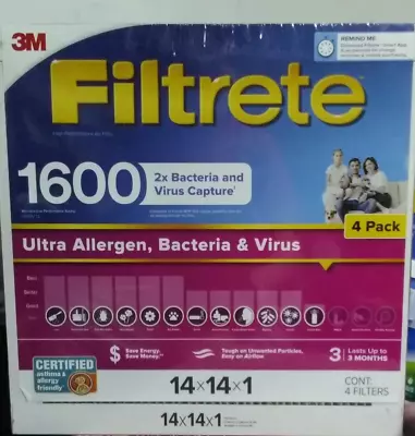 Filtrete 14x14x1 Ultra Allergen 2X Bacteria And Virus Filter ~ 1600 MPR ~ 4 Pack • $33.87