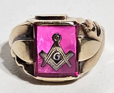 Vintage 10K Gold Masonic / Free Mason Ruby Red Stone Size 8.75 Ring 6.8 Grams • $234.99