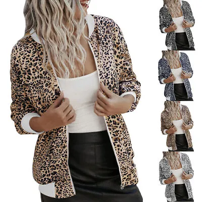$31.79 • Buy Womens Leopard Zip Up Baseball Jacket Coat Winter Casual Stand Collar Outwear/