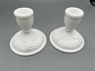 Imperial Glass Milk Glass Candle Holder Pair 1950s Grapes Leaves 3.5” H 4 W • $5