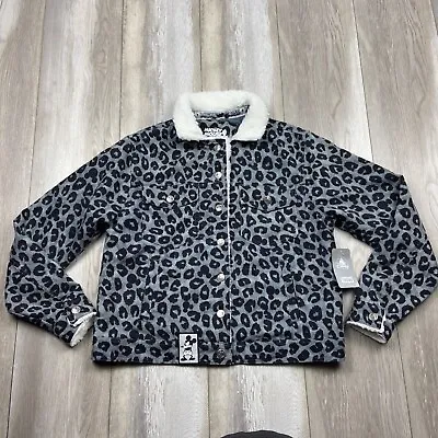 NEW Mickey Mouse Jacket Womens Medium Gray Black Leopard Corduroy Sherpa Collar • $44.84