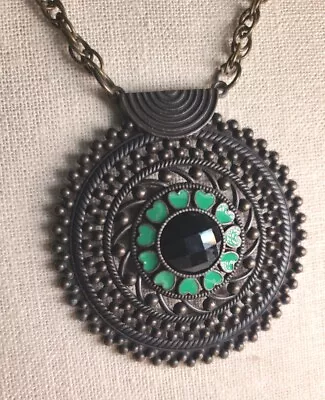 Vintage 32  Long Boho Pendant Necklace Bronze Tone Round Medallion Heart Irish • $12