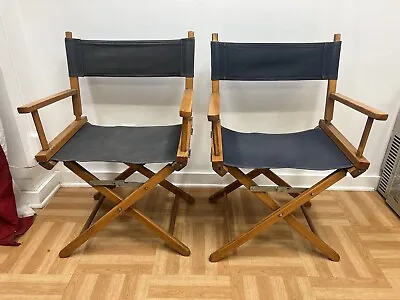 Vintage DIRECTOR CHAIR PAIR Telescope Canvas Wood Folding Wooden Patio WITF Set • $69.99