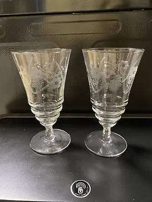 Vintage Crystal Etched Glasses Set Of 2 Wine Water Juice Tea MINT • $20