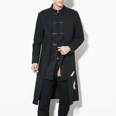 Men Chinese Style Tops Coat Linen Embroidery Casual Long Gown Chinese Clothing • $76.74