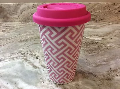 ECO ONE Ceramic Double Wall Insulated Travel Coffee Mug. Dark Pink Abstract. New • $15.99