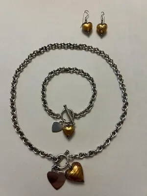 Martick Murano Glass Hearts Jewellery Set Bronze - Necklace Earrings Bracelet • £58