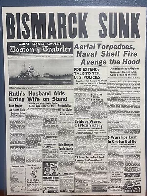 Vintage Newspaper Headline~ww2 British Navy Sinks Bismarck 1941 Avenge The Hood • $14.49