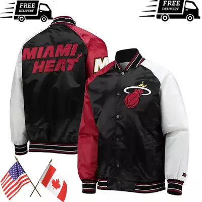 Men's Women Miami Heat Reliever Full-Snap Varsity Black And Red Satin Jacket • $97.99