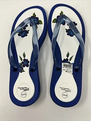 MONTEGO BAY CLUB Blue White Thong Sandals Flip Flops Size 11 /12 Flower Vegan • $7.36