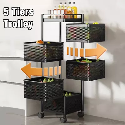 5 Tier Square Storage Trolley Cart Fruit Vegetable Baskets Pantry Storage Shelf • $86