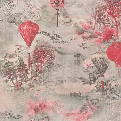 Asian Fusion Lantern AS Creation Wallpaper Shiny Pink 37466-2 Japanese Scene • £26.99