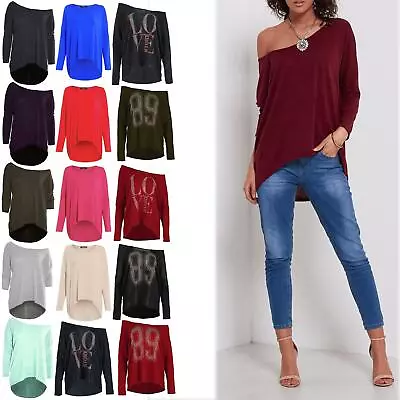 Womens Jumper Ladies One Off Shoulder Bardot Knit Lagenlook Layering Baggy Top • £8.89