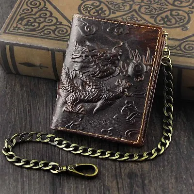 Vintage Dragon Mens Leather Wallet Slim Card Money Purse With/ Safe Chain • $19