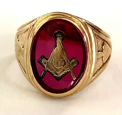 Antique 10K Solid Yellow Gold Masonic Men's Ring Red Stone Size 8 • $425