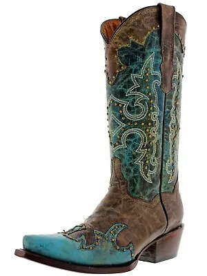 Womens Turquoise Western Cowgirl Leather Boots Overlay Design Snip Toe • $108.79