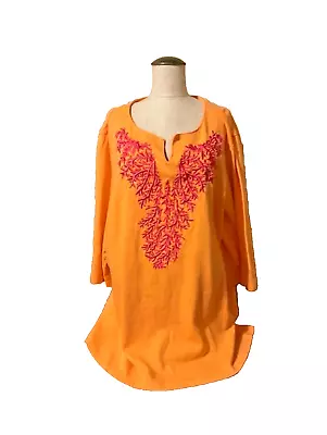 The Quacker Factory Tangerine Pullover 3X Tunic Top EXTENSIVE Pink Embroidery • $7.99