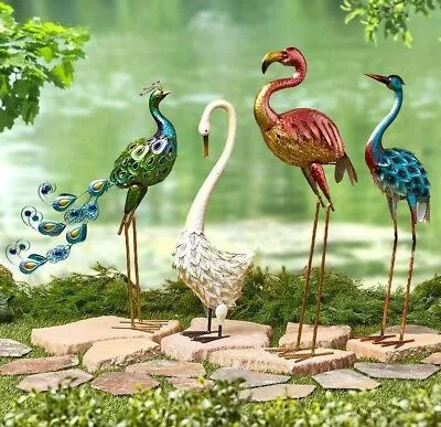 Metallic Bird Stake Garden Decor Outdoor Yard Peacock Heron Flamingo Swan Statue • £36.63