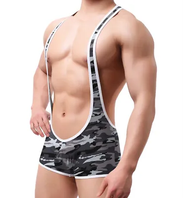 Men Sexy Body Leotard Freestyle Wrestling Singlet Backless Camouflage Bodysuit • $14.92