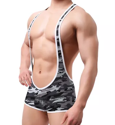 Men's Sexy Camo Bodysuit Leotard Jockstrap Underwear Wrestling Singlet Jumpsuit  • $13.99