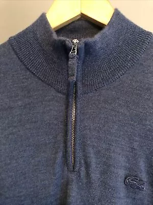 Men’s LACOSTE Blue Pure Wool 1/4 Zip Jumper Fine Knit Pullover Sz 5 U.K. L/XL • £9.99