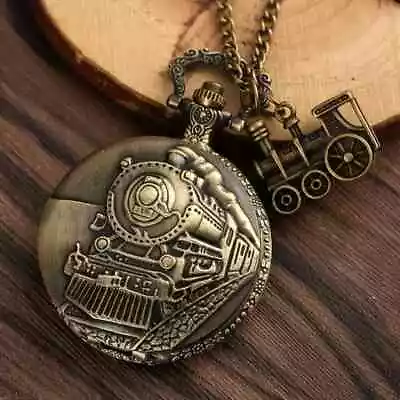 Vintage Locomotive Train Quartz Necklace Pocket Watch Men Gift Bronze Color • $25.98