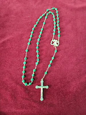 Vintage Catholic Green Glass Bead Rosary Gold Tone  Crucifix • $17.99