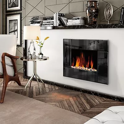 Wall Mounted Electric Fire Fireplace Black Glass Slim Living Flicker LED Flame • £129.99