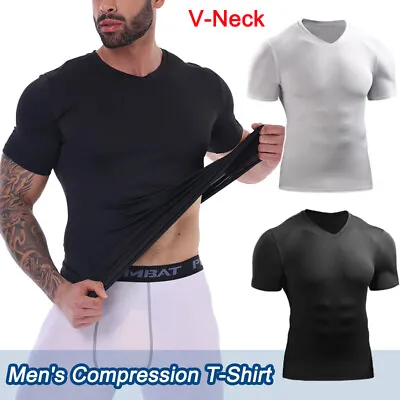 Men's Athletic V-neck Slimming Compression T-shirt Short Sleeve Cool Dry Tops US • $12.79