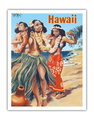 Hawaiian Hula Dancers On The Beach - Vintage Advertising Poster C.1950 • $12.98