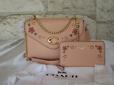 New Coach Tammie Chain Bag+Wallet+Dustbag SET Leather Peach Floral Embroidered❣️ • $682.16