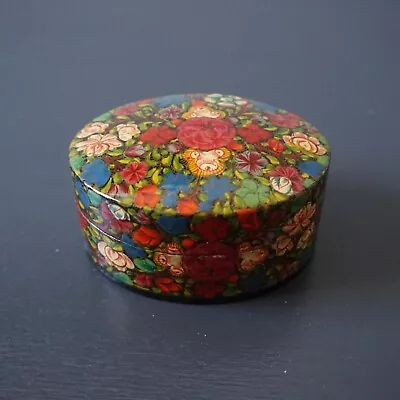 Vintage Indian Kashmiri Paper Mache Trinket Box Oval Floral 3-3/8  READ • $8