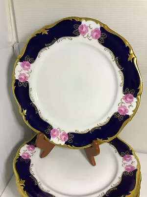 Vintage Reichenbach Echt Kobalt Cobalt Blue & Gold Pink Rose Dinner Plate Set 8 • $99.99