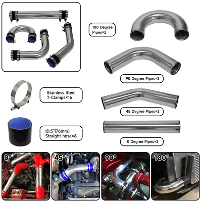 3.0  76mm Universal 8 PCS Turbo Intercooler Pipe Kit + Silicone Hose Clamps BK • $341.70