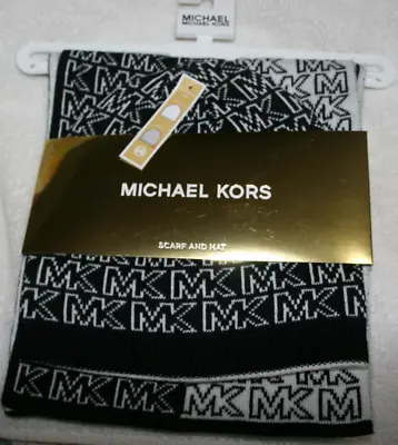 NEW Michael Kors 2 Piece Scarf & Beanie Hat Set 'MK' Logo Black/white Color $98 • $29.99