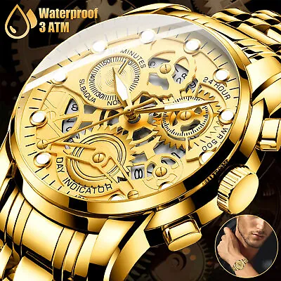 Gold Men's Watch Relojes De Hombre Waterproof Stainless Steel Luminous Classic • $13.98