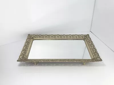 Vintage 1970’s Gold Filigree Metal Vanity/Perfume Mirror Footed Tray 15”X10” • $34.39