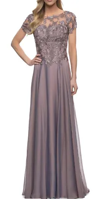 NWT La Femme 29235 Floral Embroidery Chiffon Column Gown Dark Mauve Sz 6 $535 • $111.98