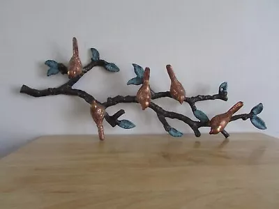 Cast Bronze Five Birds On Branch Wall Hanging Sculpture 24-1/2  X 10-1/2  Metal • $125