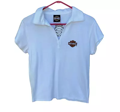 Harley Davidson Polo Shirt Large White 100% Cotton Pullover Embroidered Logo • £28.91
