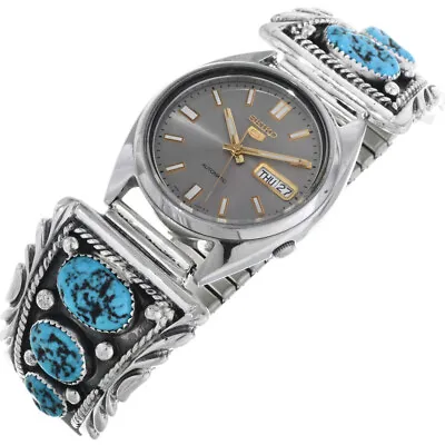 Turquoise Nuggets Mens Seiko 5 Watch W Stretch Band Navajo Sterling Tips S7-8.5 • $659